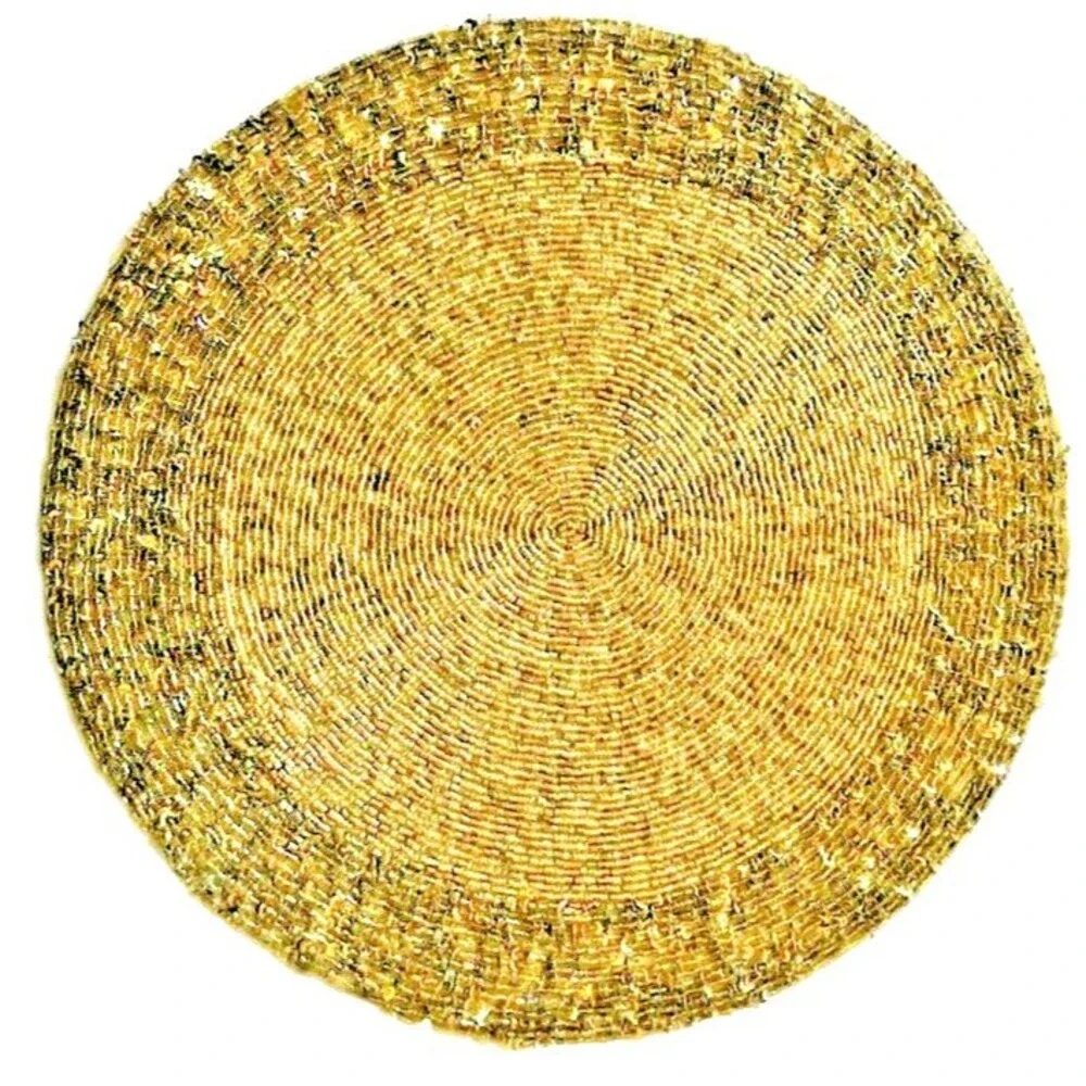 Tahari Christmas Beaded Sequin Placemats Set Of 2 Gold Satin Backed 15